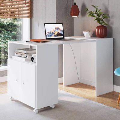 Balcão Organizador Multiuso com Mesa Recolhível e Rodízios Funcionale Branco Escritório Cozinha
