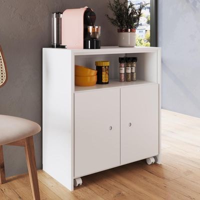 Balcão Organizador Multiuso com Mesa Recolhível e Rodízios Funcionale Branco Escritório Cozinha