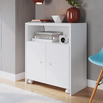 Balcão Organizador Multiuso com Mesa Recolhível e Rodízios Funcionale Branco Escritório Cozinha