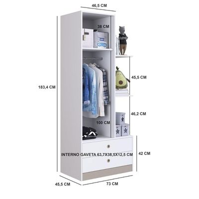 Guarda Roupas Infantil Branco Amore com Prateleiras 2 Gavetas e 1 Porta MDP Art In Móveis