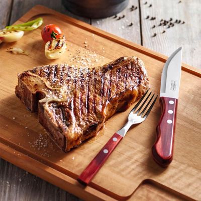 Conjunto 12 Garfos para Churrasco Tramontina Jumbo Aço Inox Cabo Madeira Vermelho Polywood