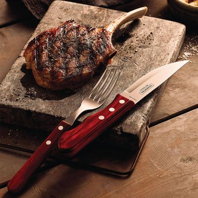 Conjunto 12 Garfos para Churrasco Tramontina Jumbo Aço Inox Cabo Madeira Vermelho Polywood
