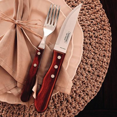 Conjunto 12 Garfos para Churrasco Tramontina Jumbo Aço Inox Cabo Madeira Vermelho Polywood