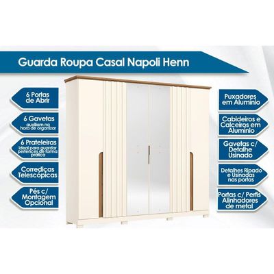 Guarda Roupa Casal 6 Portas (2 c/ Espelho) e 6 Gavetas Napoli Off White/Nature - Henn