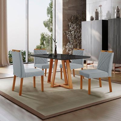Conjunto Sala De Jantar Mesa Florença 140x80cm Preto Com 4 Cadeiras Dallas Linho Cinza