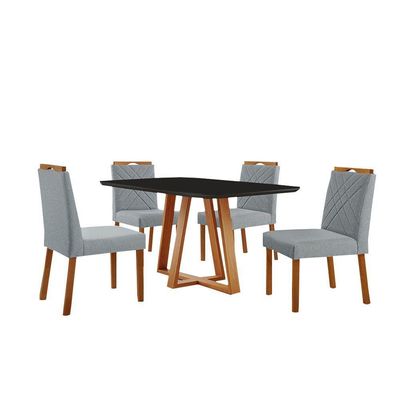 Conjunto Sala De Jantar Mesa Florença 140x80cm Preto Com 4 Cadeiras Dallas Linho Cinza