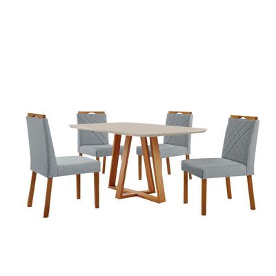 Conjunto Sala De Jantar Mesa Florença 140x80cm Off White Com 4 Cadeiras Dallas Linho Cinza