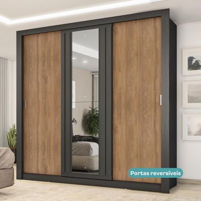 Guarda Roupa Casal 3 Portas Doha Lux 4 Gavetas Carraro Ripado Preto Touch