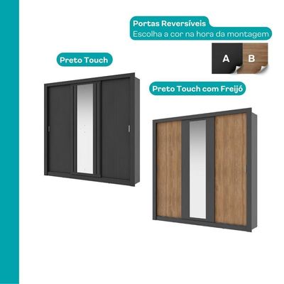 Guarda Roupa Casal 3 Portas Doha Lux 4 Gavetas Carraro Ripado Preto Touch
