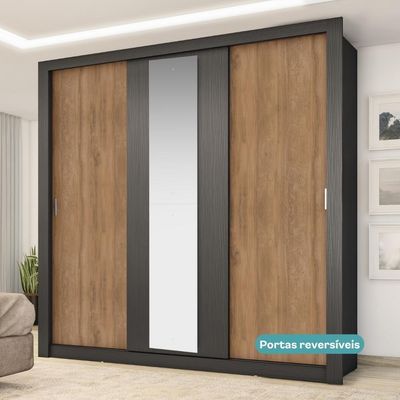 Guarda Roupa Casal 3 Portas Doha Lux 2 Gavetas Carraro Ripado Preto Touch
