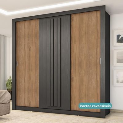 Guarda Roupa Casal 3 Portas Doha 2 Gavetas Carraro Ripado Preto Touch