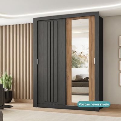 Guarda Roupa Solteiro 2 Portas Darvi Lux 2 Gavetas Carraro Ripado Preto Touch