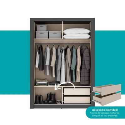 Guarda Roupa Solteiro 2 Portas Darvi Lux 2 Gavetas Carraro Ripado Preto Touch