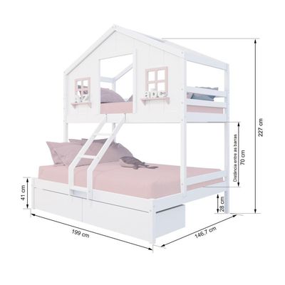Beliche Casal/ Solteiro Casinha Dos Sonhos Com 02 Gavetas Madeira Maciça Branco/ Rosa Megamobilia