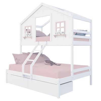 Beliche Casal/ Solteiro Casinha Dos Sonhos Com 02 Gavetas Madeira Maciça Branco/ Rosa Megamobilia