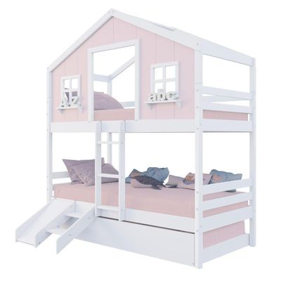 Treliche Casinha Dos Sonhos Com Kit Escada/ Escorregador Madeira Maciça Rosa/ Branco Megamobilia