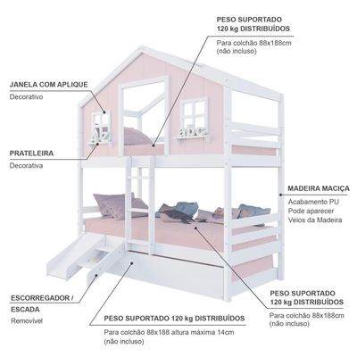 Treliche Casinha Dos Sonhos Com Kit Escada/ Escorregador Madeira Maciça Rosa/ Branco Megamobilia