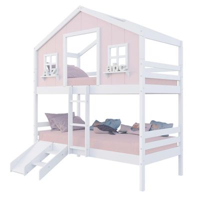 Beliche Casinha Dos Sonhos Com Escada/ Escorregador Madeira Maciça Rosa/ Branco Megamobilia