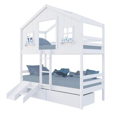 Beliche Casinha Dos Sonhos Com 02 Gavetas Kit Escada/ Escorregador Madeira Maciça Branco Megamobilia