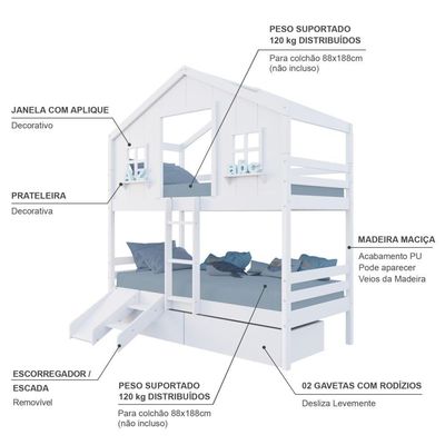 Beliche Casinha Dos Sonhos Com 02 Gavetas Kit Escada/ Escorregador Madeira Maciça Branco Megamobilia