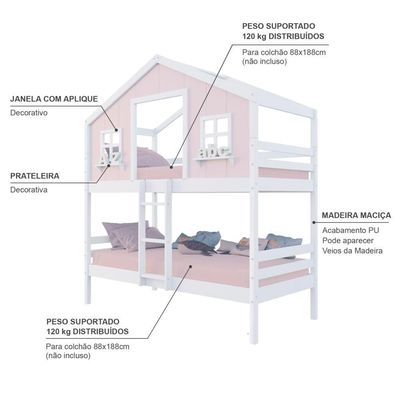 Beliche Casinha Dos Sonhos Madeira Maciça Rosa/ Branco Megamobilia