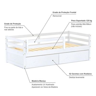 Cama Solteiro Dreams Com 02 Gavetas E Grade De Proteção Madeira Maciça Branco Megamobilia