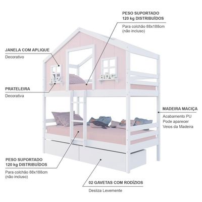 Beliche Casinha Dos Sonhos Com 02 Gavetas Madeira Maciça Rosa/ Branco Megamobilia