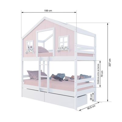 Beliche Casinha Dos Sonhos Com 02 Gavetas Madeira Maciça Rosa/ Branco Megamobilia