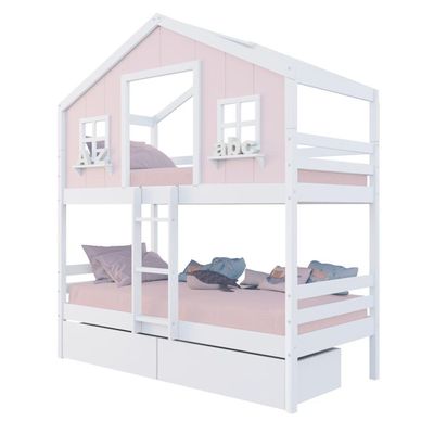 Beliche Casinha Dos Sonhos Com 02 Gavetas Madeira Maciça Rosa/ Branco Megamobilia