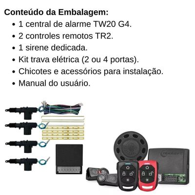 Kit Alarme Tarsafe Tw20 G4 2 Controles + Trava Eletrica 4 Portas