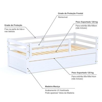 Bicama Solteiro Dreams Com Grade De Proteção Madeira Maciça Branco Megamobilia