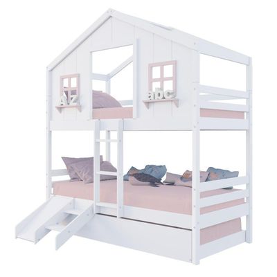Treliche Casinha Dos Sonhos Com Kit Escada/ Escorregador Madeira Maciça Branco/ Rosa Megamobilia