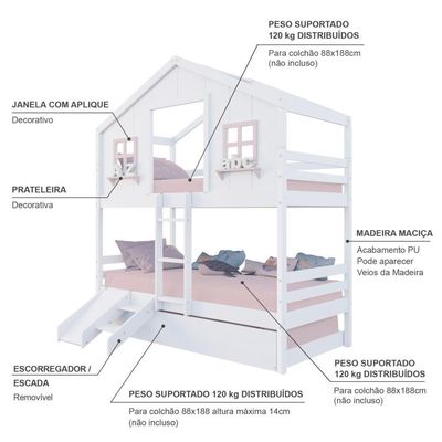 Treliche Casinha Dos Sonhos Com Kit Escada/ Escorregador Madeira Maciça Branco/ Rosa Megamobilia