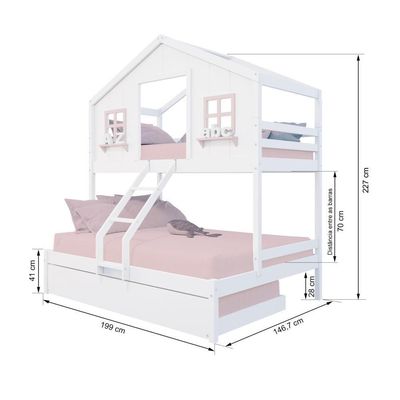 Treliche Casal/ Solteiro Casinha Dos Sonhos Madeira Maciça Branco/ Rosa Megamobilia