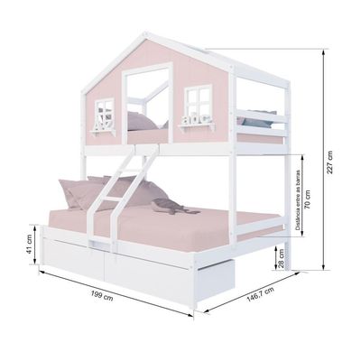 Beliche Casal/ Solteiro Casinha Dos Sonhos Com 02 Gavetas Madeira Maciça Rosa/ Branco Megamobilia