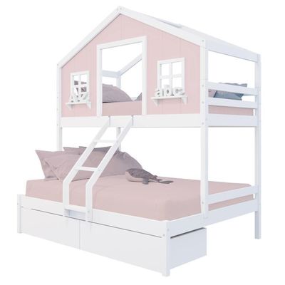Beliche Casal/ Solteiro Casinha Dos Sonhos Com 02 Gavetas Madeira Maciça Rosa/ Branco Megamobilia
