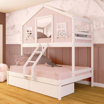 Beliche Casal/ Solteiro Casinha Dos Sonhos Com 02 Gavetas Madeira Maciça Rosa/ Branco Megamobilia