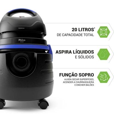 Aspirador De água E Pó Philco 1500w 20l Pas80 Preto 127V