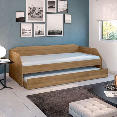 Bicama Solteiro Duo Com Cama Auxiliar Em Mdf Premium Amendoa Com 2 Colchões