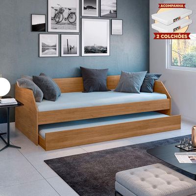 Bicama Solteiro Duo Com Cama Auxiliar Em Mdf Premium Amendoa Com 2 Colchões
