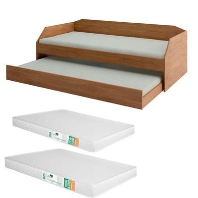 Bicama Solteiro Duo Com Cama Auxiliar Em Mdf Premium Amendoa Com 2 Colchões