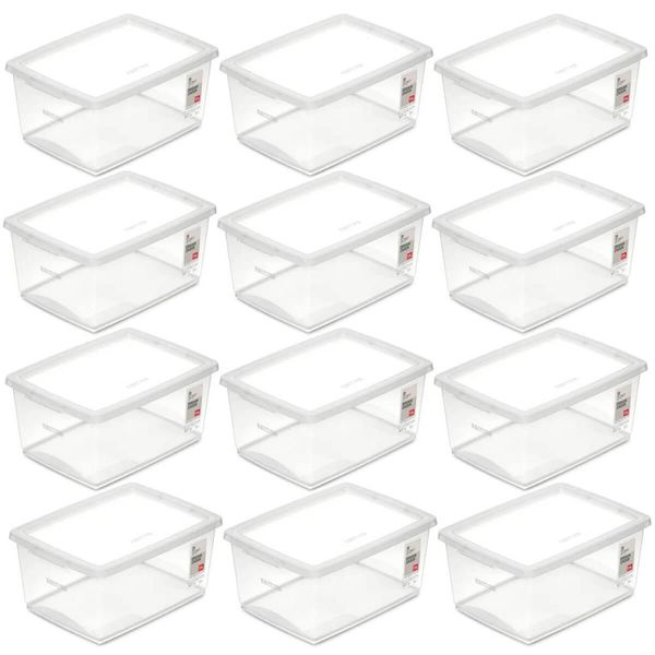 Kit 12 Caixas Plásticas Cesto Organizador Tampa Click Empilhável 33,5x24cm Ordene