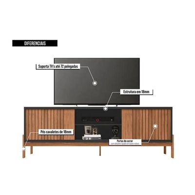 Rack Bancada p/ TV até 72 Pol Tannen c/ Nichos e Pés 184cm Freijo/Preto - Caemmun