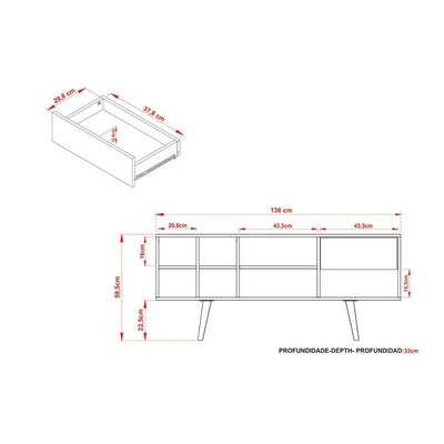 Rack Bancada p/ TV até 50 Pol R1462 c/ 1 Gaveta e 7 Nichos 136cm Amêndoa - Tecno Mobili