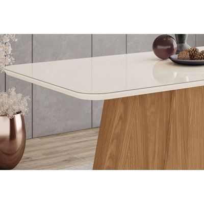 Mesa de Sala Jantar Olivia SC116 c/ Tampo Madeirado c/ Vidro Curvo 160x90cm Nature/Off White - Henn