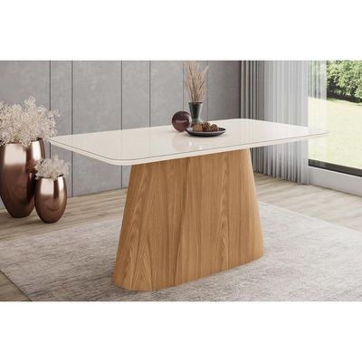 Mesa de Sala Jantar Olivia SC116 c/ Tampo Madeirado c/ Vidro Curvo 160x90cm Nature/Off White - Henn