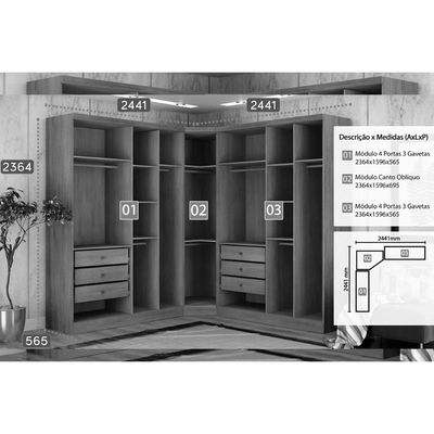 Modulado de Quarto Rizon 3 Peças (2 Guarda Roupas + 1 Closet) QC210 Branco - Novo Horizonte