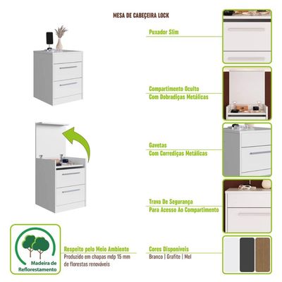 Mesa de Cabeceira Branca com Compartimento Oculto 2 Gavetas MDP Lock Art In Móveis