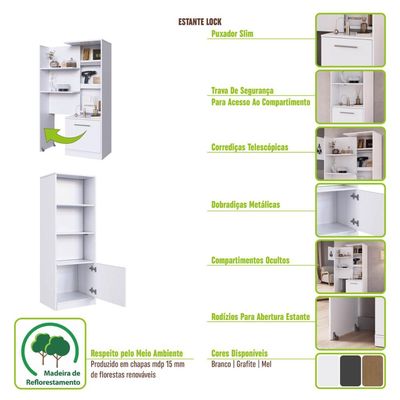 Estante com Compartimento Oculto Branco MDP 3 Prateleiras e 1 Porta Lock Art In Móveis