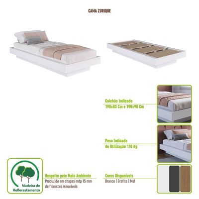 Cama Solteiro Suspensa Grafite MDP 92x192x25,5cm Zurique Quarto Art In Móveis